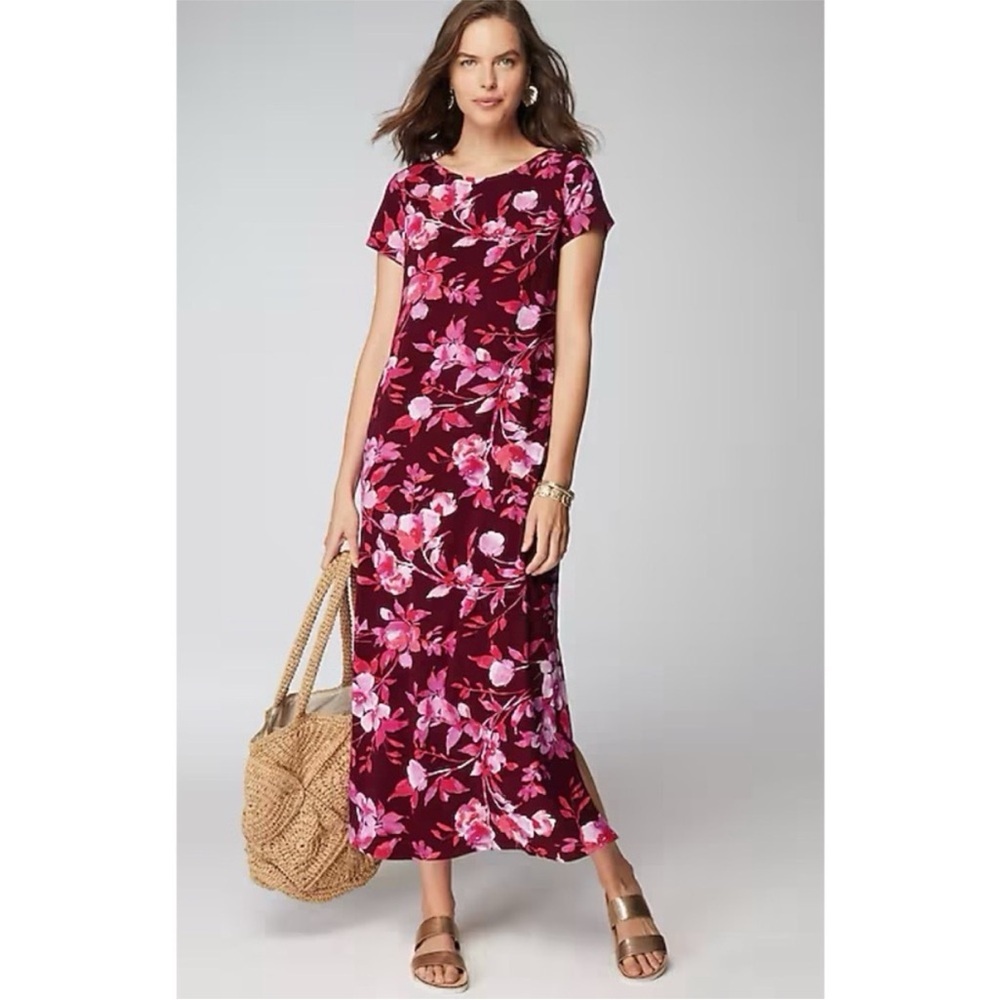 J. Jill Cap Sleeve Maxi Dress - Cranberry Watercolor Floral
